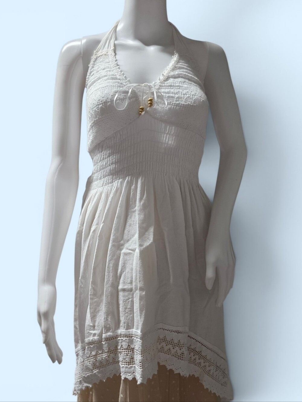 Blanco by Nature 100% Cotton Halter Hi-Lo Dress in White. Made in Peru